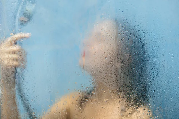 Female Enjoys Douching Shower Cabine Poses Naked Wet Brurred Glass — Stock Photo, Image