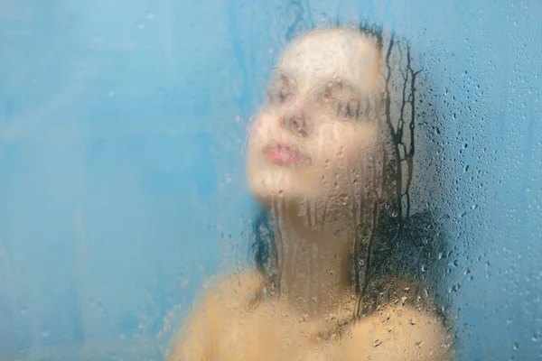 Nude Female Wet Hair Poses Shower Booth Blurred Sweat Background — Stockfoto