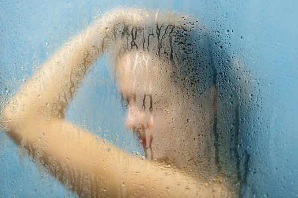 Shot Unrecognizable Female Naked Body Wet Hair Takes Shower Bathrom — Stockfoto