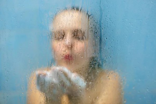 Restful Young Female Blows Foam Hands Stands Douche Has Wet — Stock Photo, Image