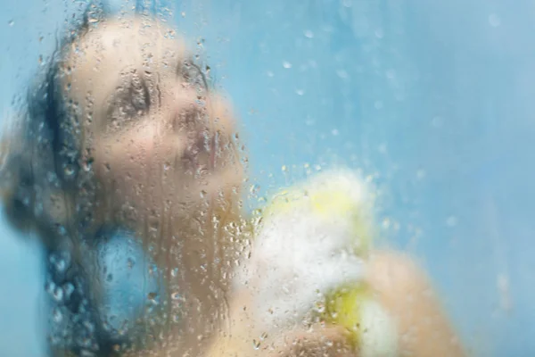 Rear View Unrecognizable Woman Wash Her Body Sponge Bathroom Takes — Stock Photo, Image