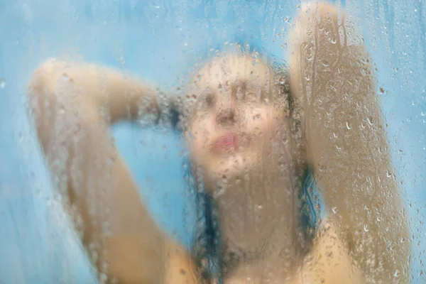 Abstract Blurred Background Young Woman Showers Bathroom Uses Scrub Skin — Stock Photo, Image