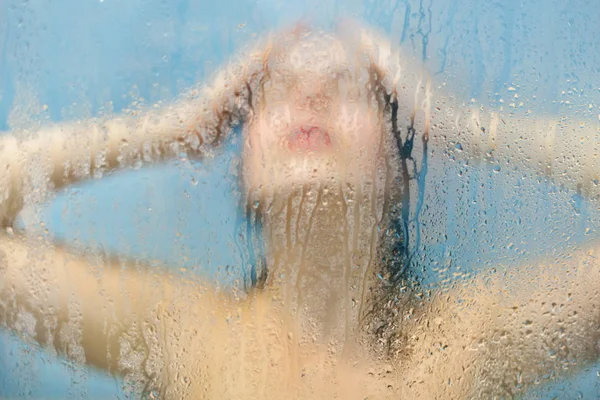 Relief Relaxation Concept Female Model Washes Hair Douche Stands Shower — Stock Photo, Image