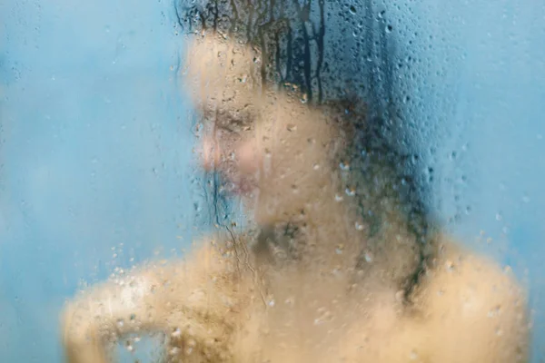 Blurred Abstract View Female Model Takes Shower Bathroom Washes Body — Stockfoto