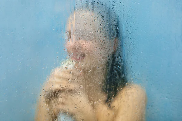 Beautiful Female Nude Body Sings Songs Shower Cabine Being Good — Stock Photo, Image