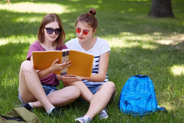 Foto Aire Libre Las Estudiantes Bastante Mujeres Lleva Gafas Sol — Foto de Stock