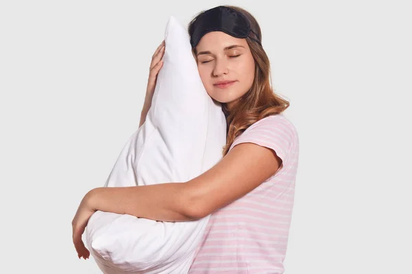 Sieways Shot Relaxed Caucasian Woman Takes Nap Soft Pillow Wears — Stock Photo, Image