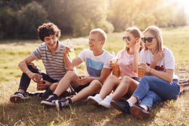 Olumlu arkadaş piknik birlikte, recreat açık varsa, anekdotlar birbirlerine söyle, neşeli ifadeler, yaz döneminde çimlere oturup, iyi unutulmaz dinlenme, yaz hava zevk