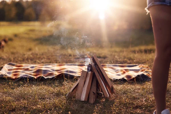 Feu Camp Sur Herbe Verte Plaid Trouve Proximité Belle Nature — Photo