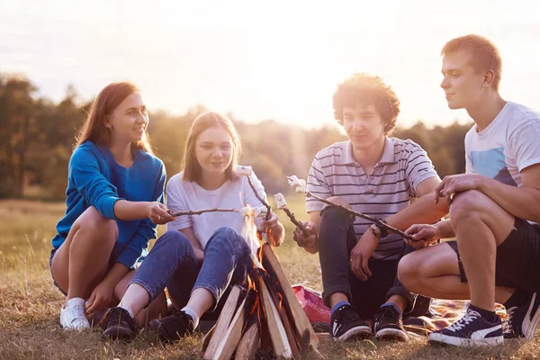 Tiro Horizontal Feliz Melhores Companheiros Femininos Masculinos Fritar Marshmallows Sentar — Fotografia de Stock