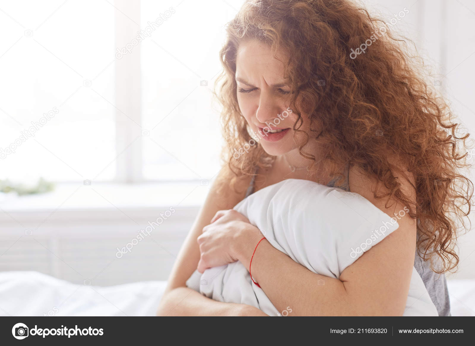 Sad Young Miserable Female Bushy Wavy Hair Frowns Hair Cries
