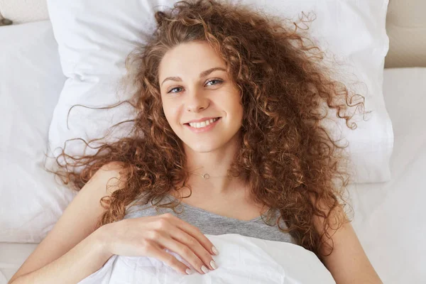 Positive Young Female Model Comforable Bed Warm Blanket Has Happy — Stock Photo, Image