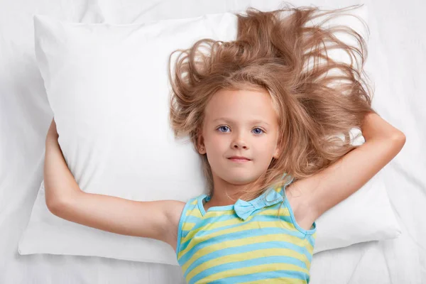 Children Awakening Bed Time Concept Little Adorable Relaxed Girl Dressed — Stock Photo, Image