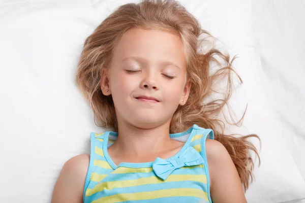 Healthy Appealing Little Girl Long Messy Hair Keeps Eyes Shut — Stock Photo, Image