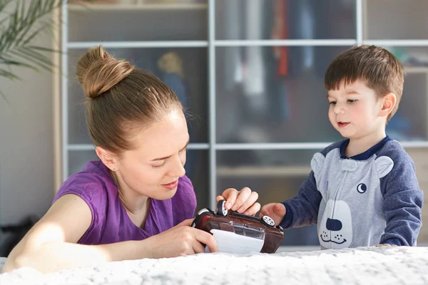 European Affectionate Mum Tries Repair Toy Car Spends Free Time — Stock Photo, Image