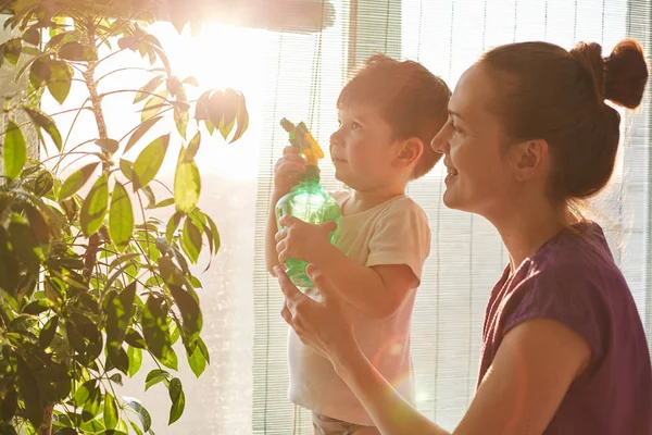 Horizontal Shot Handsome Small Make Kid Holds Pulverizer Helps Mother — Stock Photo, Image