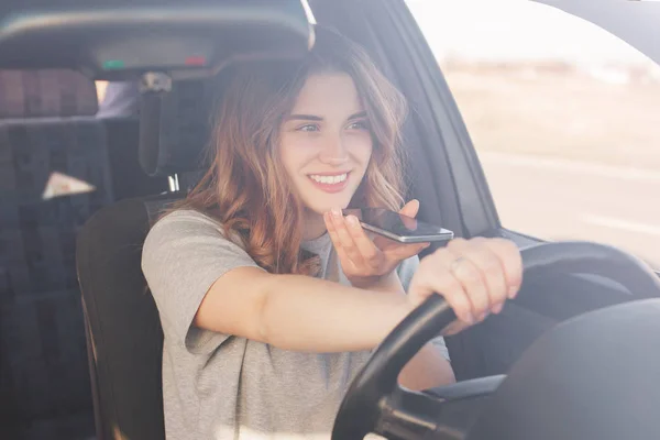 Cheerful Female Driver Being Good Mood Has Long Trip Her — Stock Photo, Image