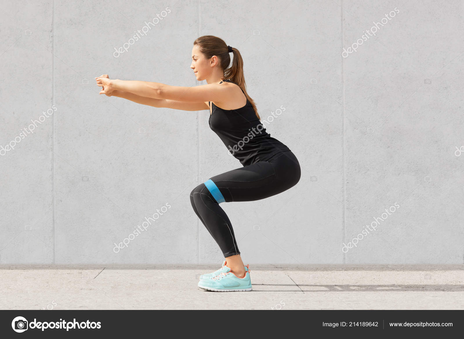 Sideways Shot Sporty European Young Attractive Woman Has Workout Rubber Stock Photo Image By C Sementsova321 214189642