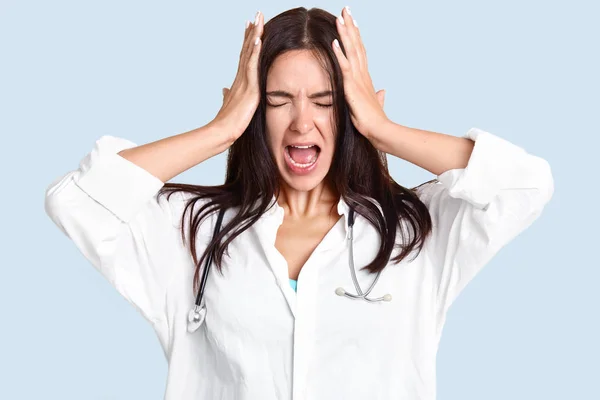 Stressful Female Doctor Specialist Holds Hands Head Suffers Terrible Headache — Stock Photo, Image