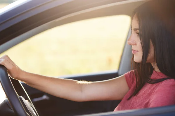 照片的迷人的黑发女性司机自信的表情看挡风玻璃 享受高速和良好的道路 开车旅行 有吸引力的外观 人和运输概念 — 图库照片