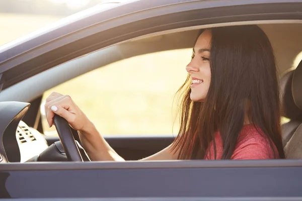 Foto Morena Encantada Conductor Femenino Felizmente Parabrisas Toma Mano Volante — Foto de Stock