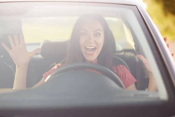 Emotions Driving Speed Concept Surprised Female Driver Gestures Both Hands — Stock Photo, Image