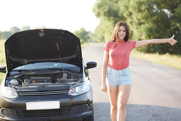 People Problems Transport Attractive Unexperienced Female Driver Makes Stop Gesture — Stock Photo, Image
