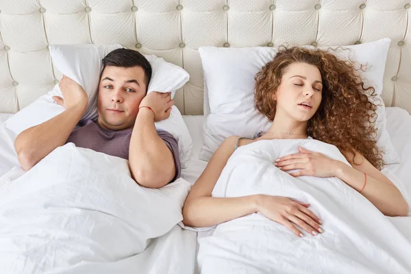 Stressful Man Suffers Insomnia Keeps Pillow Head While Hears Wifes — Stock Photo, Image