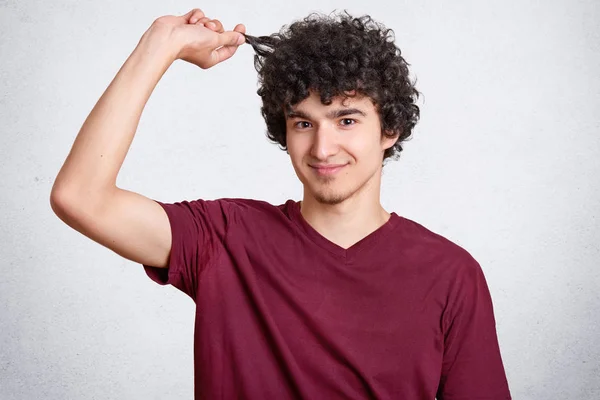 Look Curls Glad Curly Male Holds Hair Likes His New — Stock Photo, Image