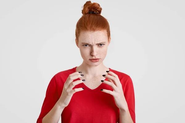 Bordel Merde Peevish Ennuyé Femme Taches Rousseur Garde Les Mains — Photo