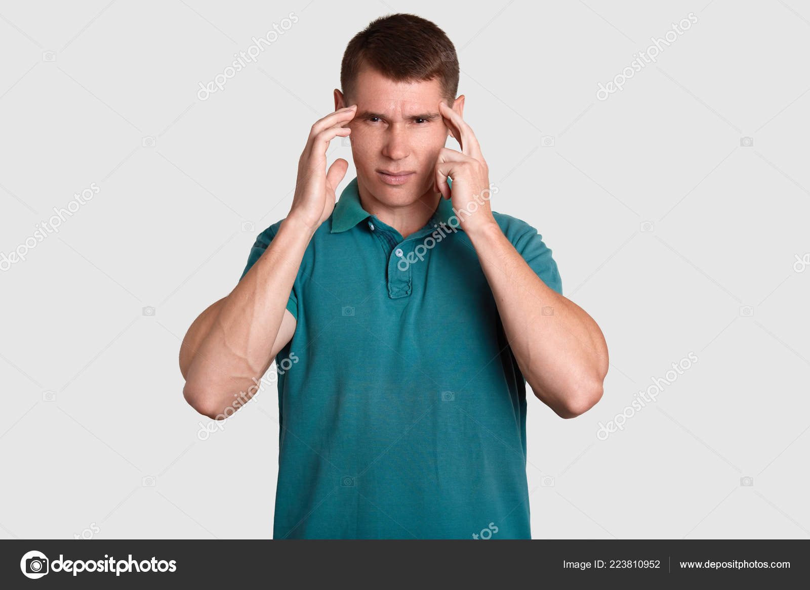 Stressful Young Man Dark Hair Keeps Index Fingers Temples