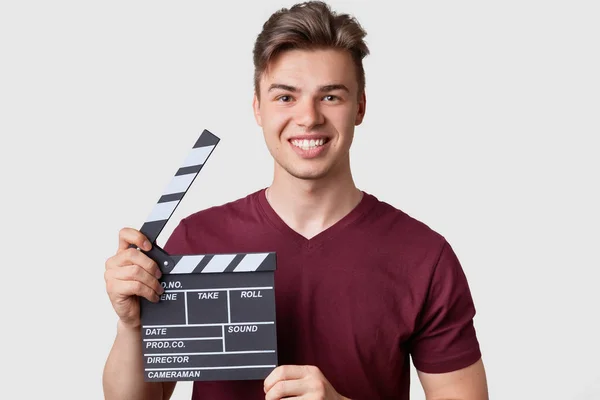 Headshot Handsome Cameraman Has Trendy Haircut Dressed Casual Outfit Holds — Stock Photo, Image