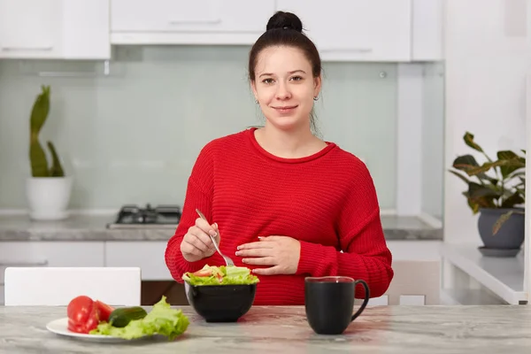 Morena Futura Madre Tiene Almuerzo Saludable Come Ensalada Verduras Frescas — Foto de Stock