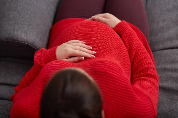 Top View Unrecognizable Young Woman Anticipates Baby Keeps Hands Belly — Stock Photo, Image