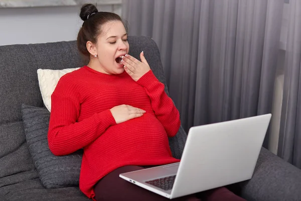피곤된 뱃속에 Knited 스웨터 쿠션에 노트북 컴퓨터에 초점을 온라인 아기에 — 스톡 사진