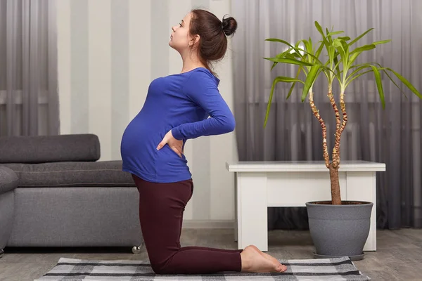 Indoor Shot Pregnant Lady Hair Bun Has Big Belly Keeps — Stock Photo, Image