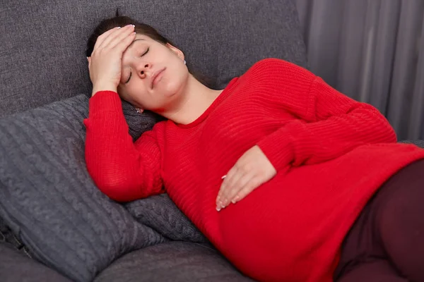 Sad Stressful Pregnant Woman Keeps Hands Fore Head Suffers Migraine — Stock Photo, Image