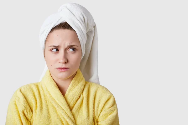 Sad Stressful Young Woman Looks Displeasure Aside Wears Casual Domestic — Stock Photo, Image