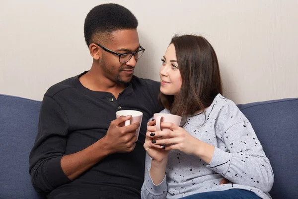 Horizontal Shot Lovely Multiethnic Girlfriend Boyfriend Drink Coffee Tea Together — Stock Photo, Image
