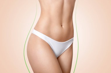 Image of slim womans body shape, has perfect figure, soft skin, green lines, wears white panties, isolated over beige background, has silky legs. Fit nude females belly. Cropped shot of girls torso clipart