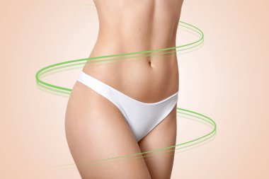 Fat lose, health, balance, skin care concept. Torso of young healthy woman with perfect body shape, has soft skin, cyan arrows across figure, wears white panties, isolated over beige background clipart