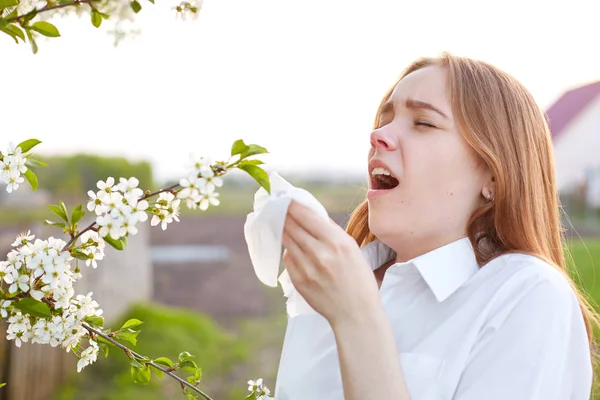 Síntomas Alergia Mujer Joven Disgustado Utiliza Tejido Estornuda Todo Tiempo — Foto de Stock