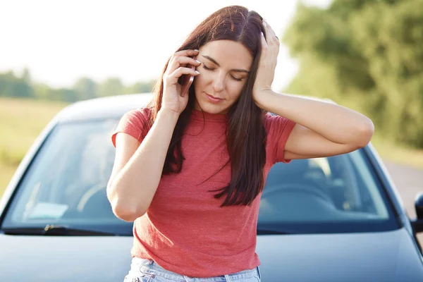 Tired European Woman Long Hair Has Telephone Conversation Mobile Phone — Stock Photo, Image