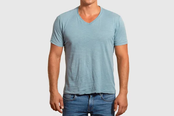 Shirt Design Conceito Publicidade Homem Irreconhecível Com Corpo Muscular Veste — Fotografia de Stock