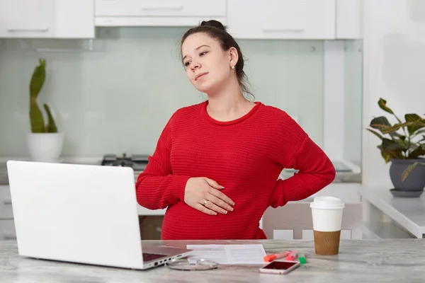 Indoor Shot Fatigue Pregnant Future Mother Keeps Hand Tummy Sits — Stock Photo, Image