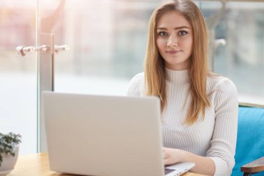 Sevimli gülümseme ile güzel kız öğrenci test Cafe için hazırlar. Güzel mutlu kadın cafe bar kahve molası sırasında dizüstü bilgisayarda çalışıyor. Sarışın mavi Divan pencere, beyaz sweter oturur giyer.