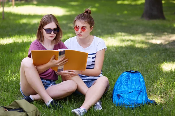 Fiatal lány ül a fűben, a park és osztályok készül, alkalmi ruhák és napszemüveget visel, ül a keresztezett lábak, birtokolja a sárga könyv dosszié, olvassa el az információkat. Diákok és oktatási koncepció. — Stock Fotó