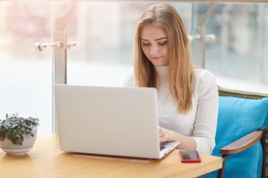 Image of blonde charming girl dressed white casual shirt, works with laptop in cafeteria, woman looks concentrated at conpurer screen and types. Freelancer makes project using wireless Internet.