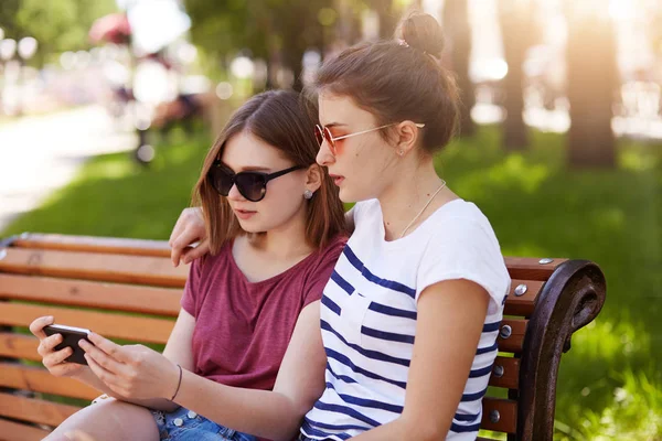 Portrait of two tender girls sitting on bench at local green space, watch provocative video and discuss composition of it. Cute friends like share their opinions and thoughts concerning video.