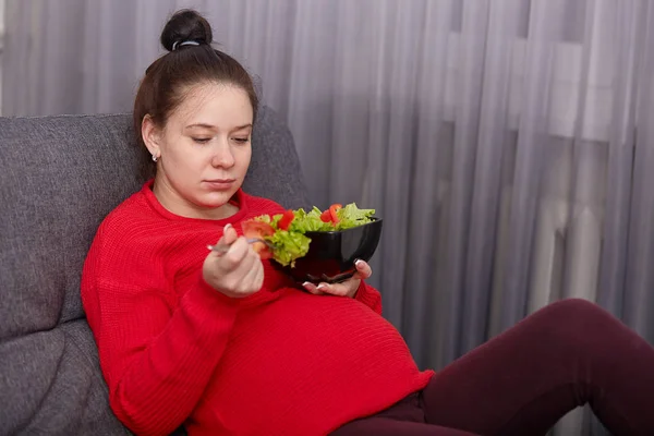 Gambar wanita hamil berambut cokelat yang menggemaskan menikmati makan salad segar, memiliki selera makan yang baik, berada di apartemen modern di sofa, mengenakan sweater merah dan legging, merawat kesehatannya selama kehamilan . — Stok Foto